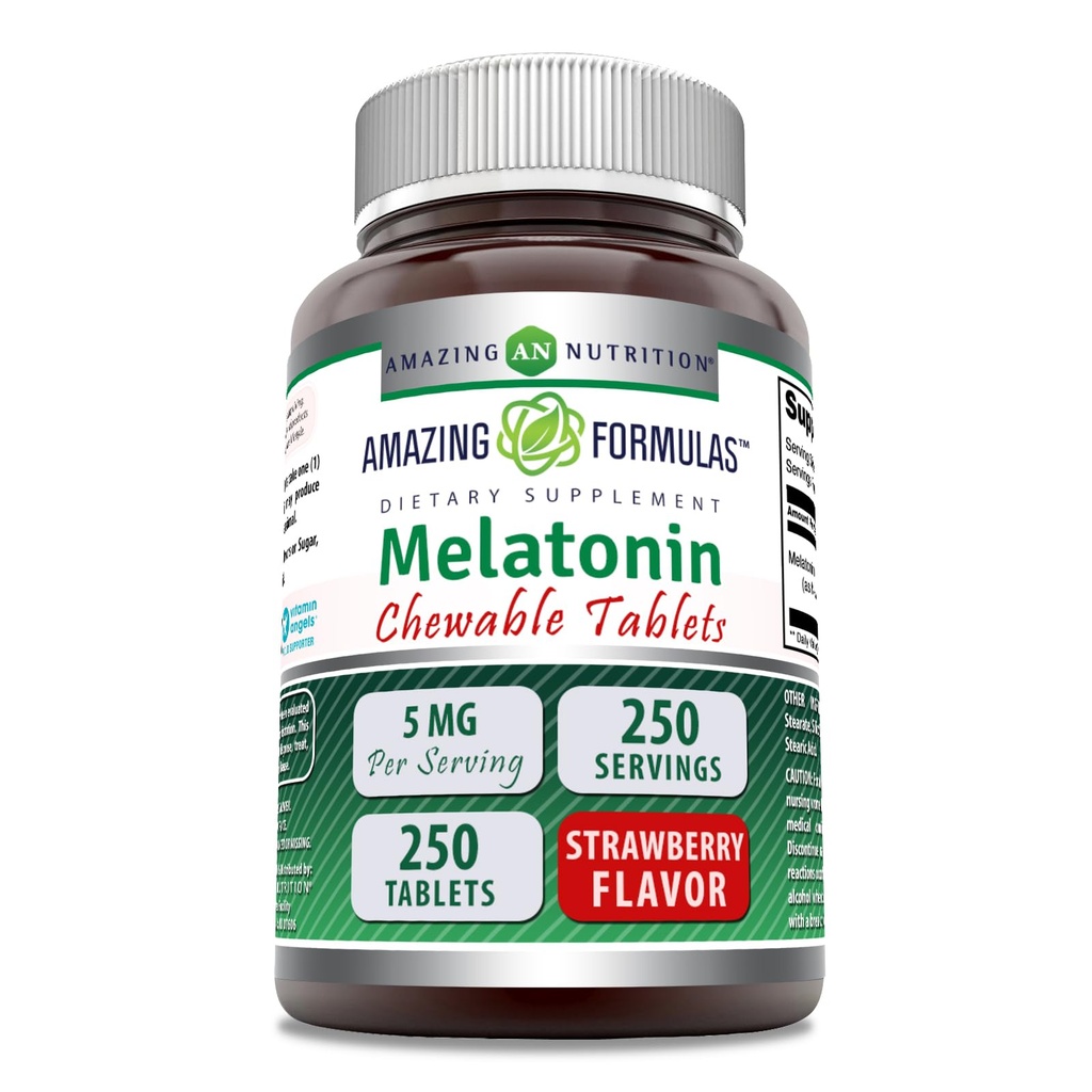 Fórmulas increíbles Melatonin Chewable Suplemento TENIDO 5 Mg Por Serving TENIDO 250 Tablets TENRI Non-GMO ANTE Gluten-Free TEN Made in USA (Strawberry)