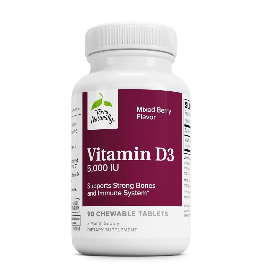 Terry Naturalmente Vitamina D3 - Bone Health & Bone Strength Suplemento - Suplemento dietético para el sistema inmunológico &amp; Brain Support - 5,000 UI Vitamina D Tabletas con sabor a baya mixta - 90 tabletas chewable