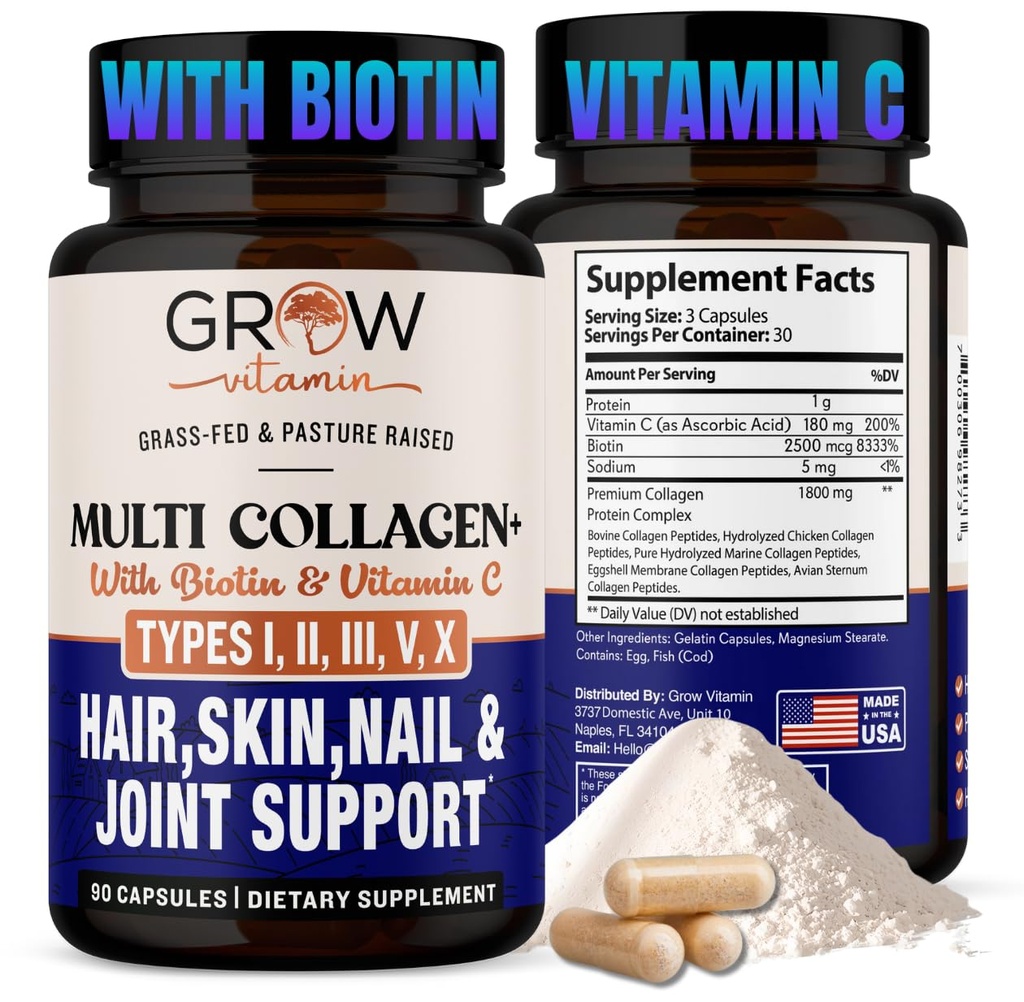 cultivar vitamina Multi Collagen Capsules 1800MG (Tipos I, II, III, V &amp; X) - No GMO, Grass Fed Collagen - Anti Aging Support for Hair, Skin, Nails - Protein Pills for Joint Support - 90 cápsulas