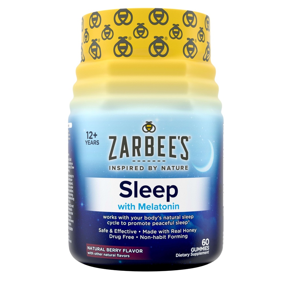 Zarbee's Melatonin Gummies 3mg Suplemento de sueño para promover el sueño pacífico, sabor a fruta mezclada natural, adultos edad de goma 12 arriba, 60 cuenta
