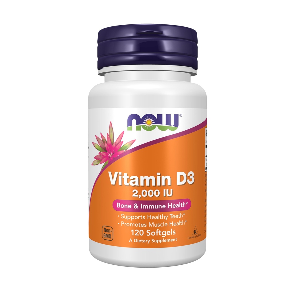 AHORA Suplementos de alimentos, vitamina D-3 2,000 UI, alta potencia, soporte estructural*, 120 Softgels