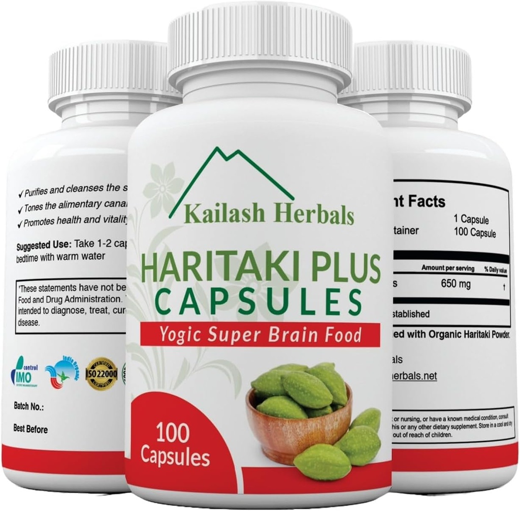 Cápsulas de Haritaki Orgánica - Mejora la Digestión - Detoxificación & Rejuvenecimiento - Mantiene la Regularidad - Función cerebral- 100 Cápsulas Terminalia chebula ANTE Vegan, No GMO