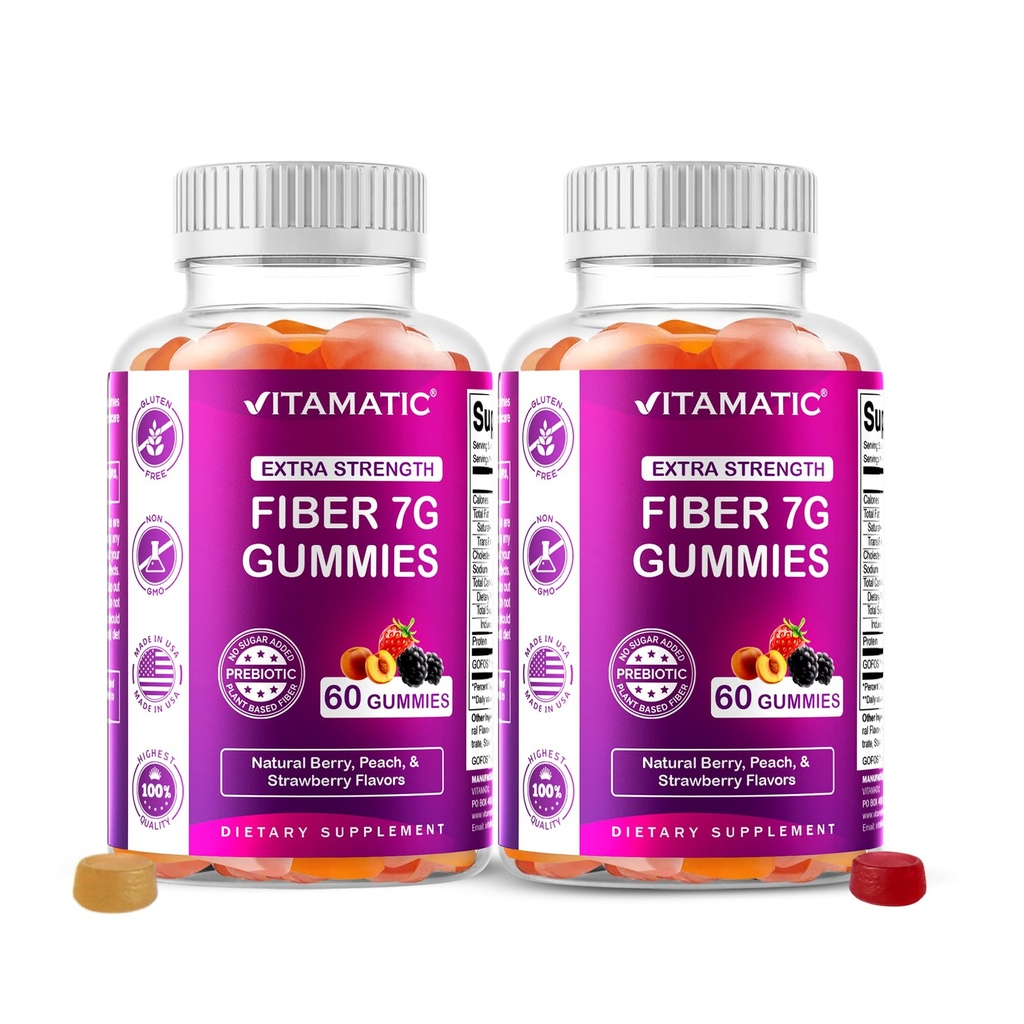 Vitamatic Prebiotic Fiber Gummies for Adults – 2 Pack (Total 120 Gummies) 7g Fiber per Serving ← Extra Strength Silencio Zero Sugar Añadido ← Pectin-Based ← Salud Digestiva y Regularidad Asistencia