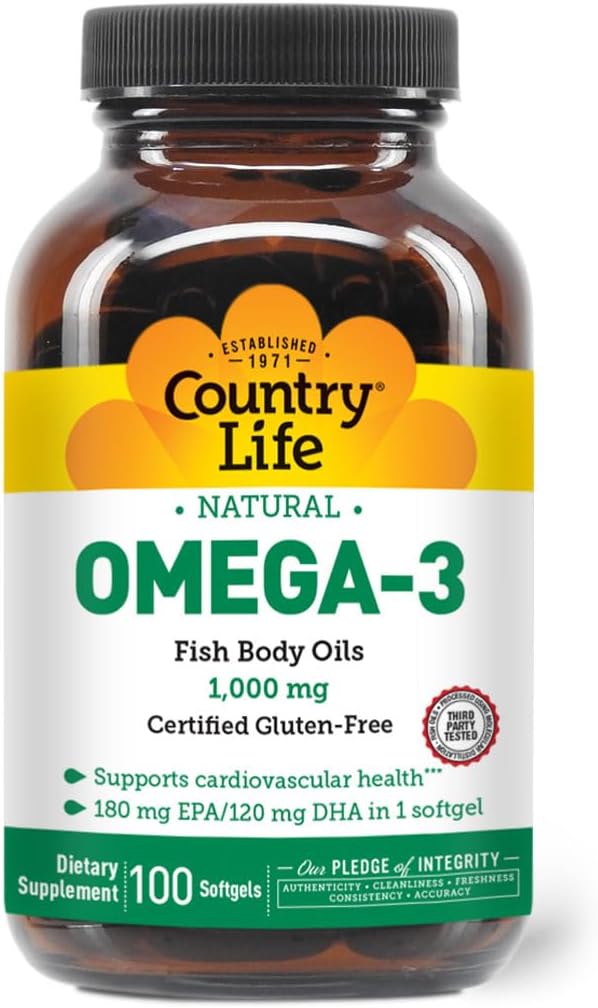 Country Life Omega-3 Fish Oil Suplemento, 1000mg, 180mg EPA & 120mg DHA, Fish Oil Concentrate, Burpless, 100 Softgels, Certified Gluten Free