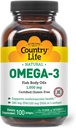 Country Life Omega-3 Fish Oil Suplemento, 1000mg, 180mg EPA & 120mg DHA, Fish Oil Concentrate, Burpless, 100 Softgels, Certified Gluten Free