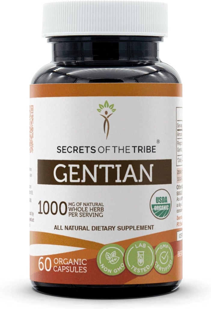 Secrets of the Tribe Gentian USDA Organic Capsules  Certified Organic Vegetarian Capsules, Herbal Dietary Supplement ← Gentiana Lutea Dried Root (60 Count)