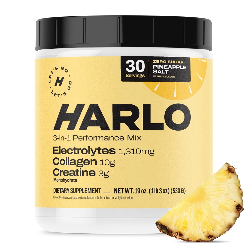 Harlo 3-in-1 Electrolytes Powder with Collagen & Creatine – Hydration, Muscle & Joint Support | NSF Certified | Zero Sugar | Pineapple Salt | 30 Servings