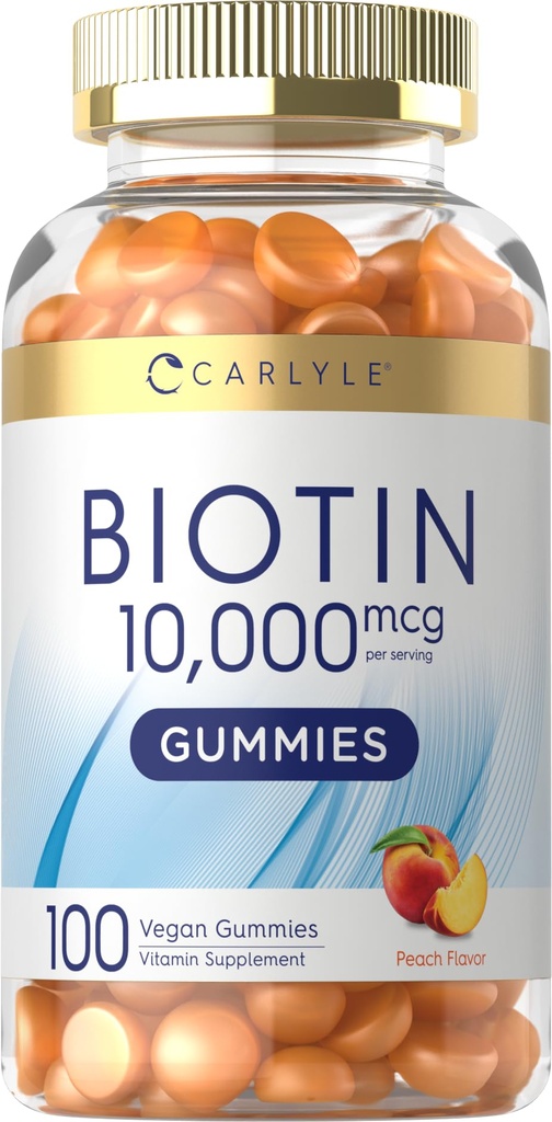 Carlyle Biotin 10000mcg Gummies Silencio 100 Conde Silencio Peach Flavor Suplemento Silencio Vegan, No GMO, Gluten Free