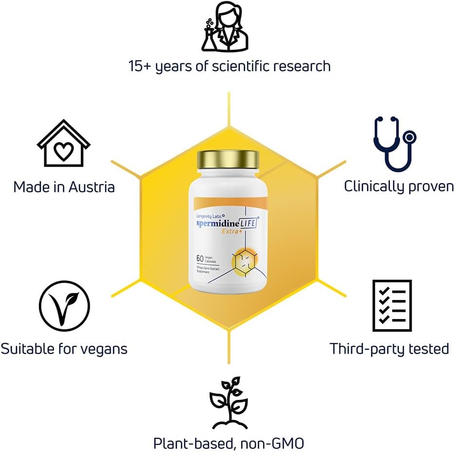 LONGEVITY LABS + espermaidineLIFE Suplemento natural, no sintético Extracto de Germ de Trigo Plantado con Alta Spermidina & Zinc para Renovación Celular, Vegan, para Hombres Mujer, 120 cápsulas
