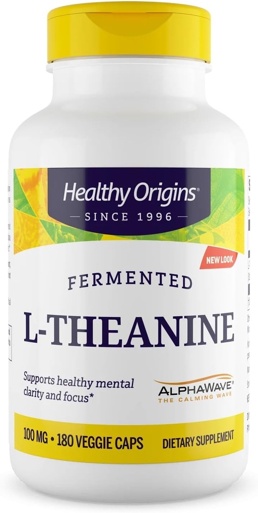 Orígenes saludables L-Theanine 100 mg (AlphaWave, soporta la relajación sin somnolencia, apoyo cerebral, no GMO, libre de gluten), 180 cápsulas vegetales