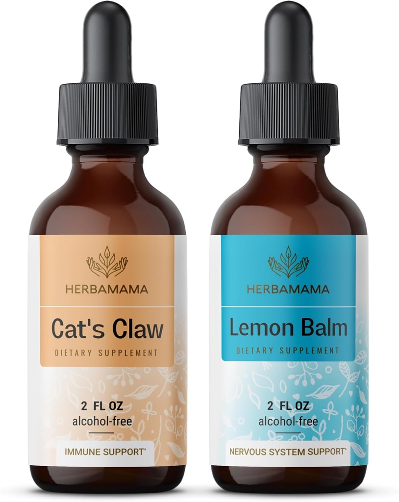 Herbamama Liquid Drops Kit - Bundle of Cat's Claw Extract 2 fl oz y Lemon Balm Tincture 2 fl oz - Vegan Herbal Supplement Liquid Extract - Non GMO, Sugar &amp; Alcohol-Free - 2 Pack