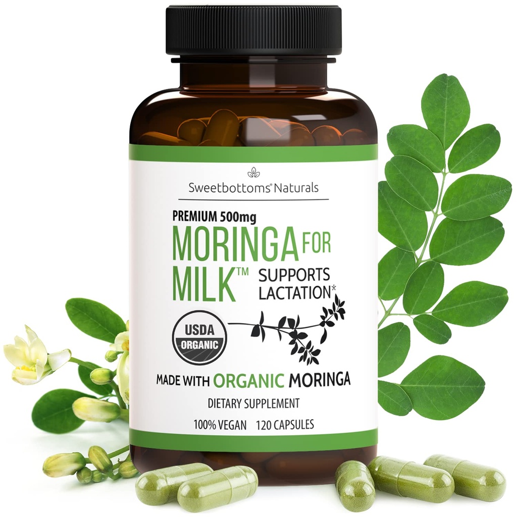 Suplemento de lactancia - Cápsulas de Moringa Orgánica para la lactancia materna Apoyo para Aumentar el suministro de leche materna (120 ct) Pólvora de hoja de malunggay pura para la producción de leche