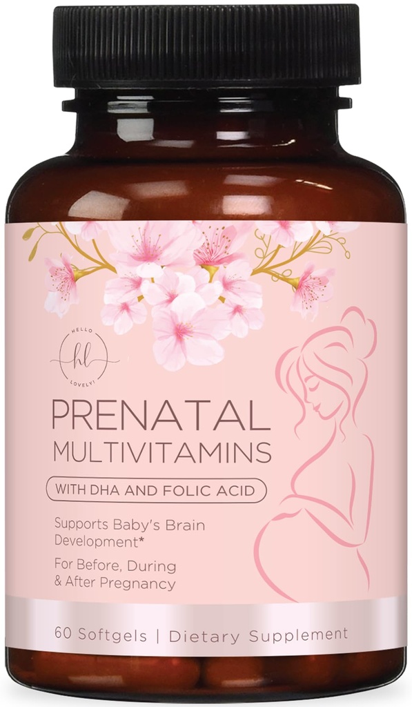 Vitaminas prenatales para Mujeres con Ácido Fólico " DHA, Apoyo al Desarrollo del Cerebro con Folate " Omega 3, Multivitamina con Vitamina A, C, D, B6, B12 " Iron, Suplemento de Embarazo - 60 Softgels