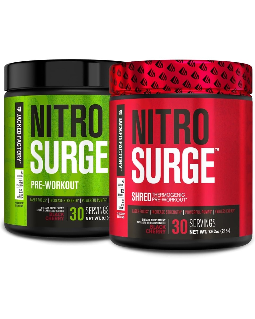 Nitrosurge Pre-Workout Jacked Factory Nitrosurge en cereza negra &amp; cereza negra Nitrosurge Terogénico Pre-Workout para Hombres &amp; Mujeres