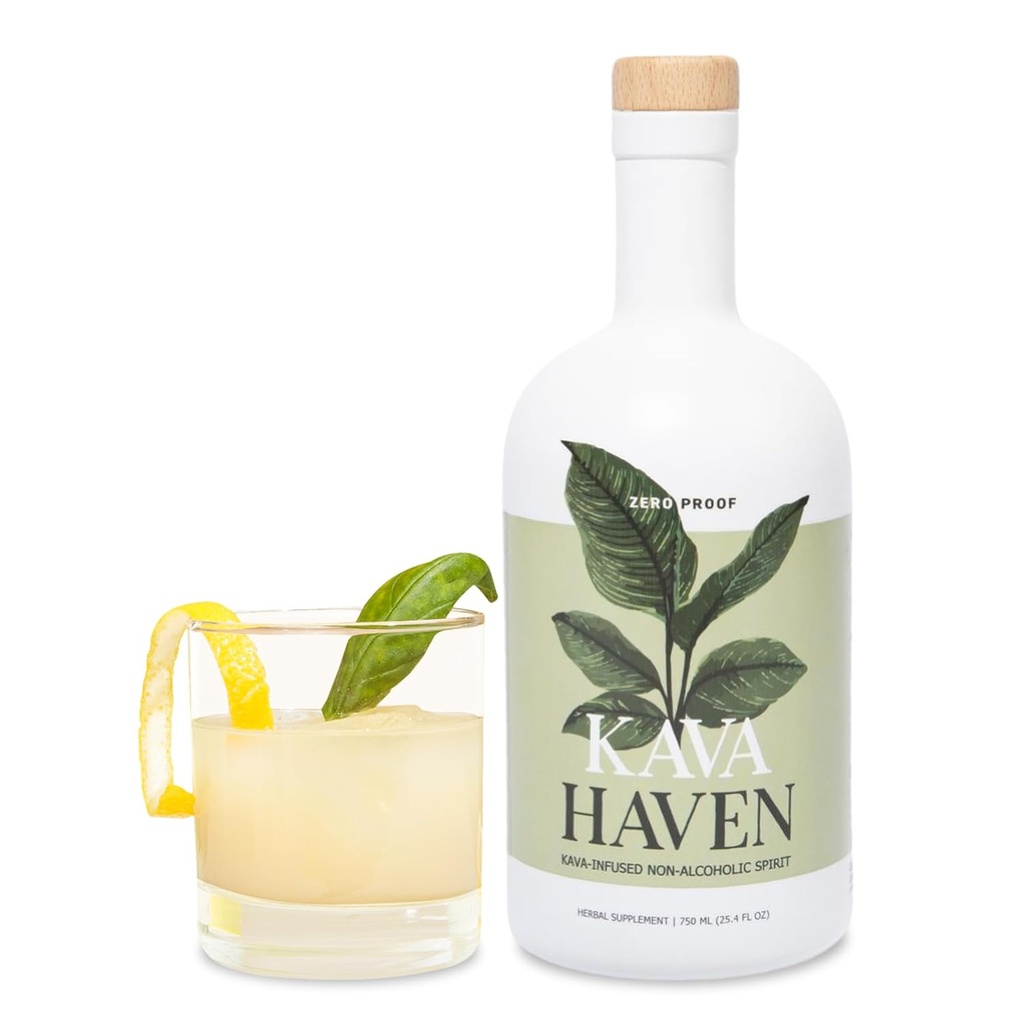 Kava Haven Non Alcoholic Spirit, 750mL Bottle ← Kava Kava Bebida tóxico No alcohol Espírita Alternativa para Bebidas Mezcladas Recetas Silencio Bajo Calorie Silencio Todo Natural Silencio - Lemon Ginger Flavor (17 Servimientos)