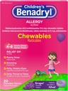 Benadryl Children's Allergy Medicine Chewables with Diphenhydramine HCl, Chewable Kids' Antihistamine Tablets for Relief of Allergy Symptoms Like Sneezing & Itchy Eyes, Grape Flavor, 20 cts