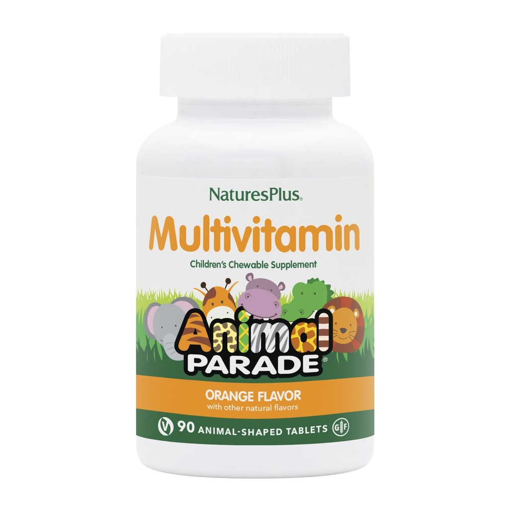 Natures Plus Animal Parade Multivitamina Agridulce para Niños - Naranja Sabor - 90 Tablas con Forma de Animales - Promueve Salud &amp; Bienestar - Vegetariano, Gluten Gratis - 45 Servimientos