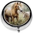Pill Case with Mirror Retro 3 Compartment Pill Box Animales Embroides Pinturas Caballos Pequeño Pill Organizador para Purse o Pocket Decorative Metal Medicine Vitamin Organizer Regalos Únicos