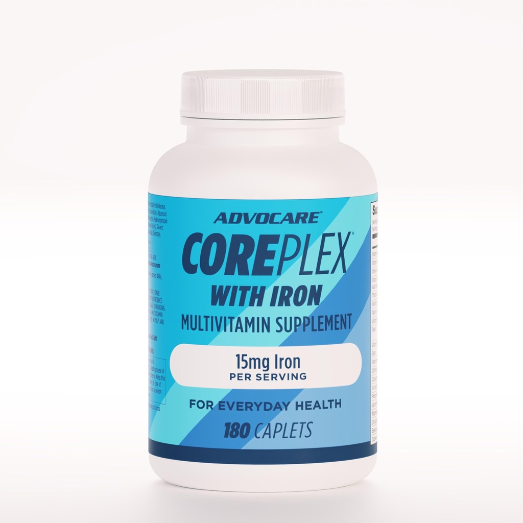 AdvoCare CorePlex con hierro - Multivitamina con vitamina A, B-6, B-12, C &amp; E - Incluye también Thiamine, ácido fólico &amp; Magnesio - 180 caplets