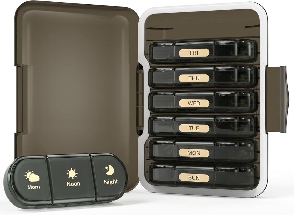Organizador semanal de píldoras 3X al día, 7 Day Pill Box 3 veces, Portable for Travel Pills/Vitamin/Fish Oil/Medication/Supplements (3x7 Black)