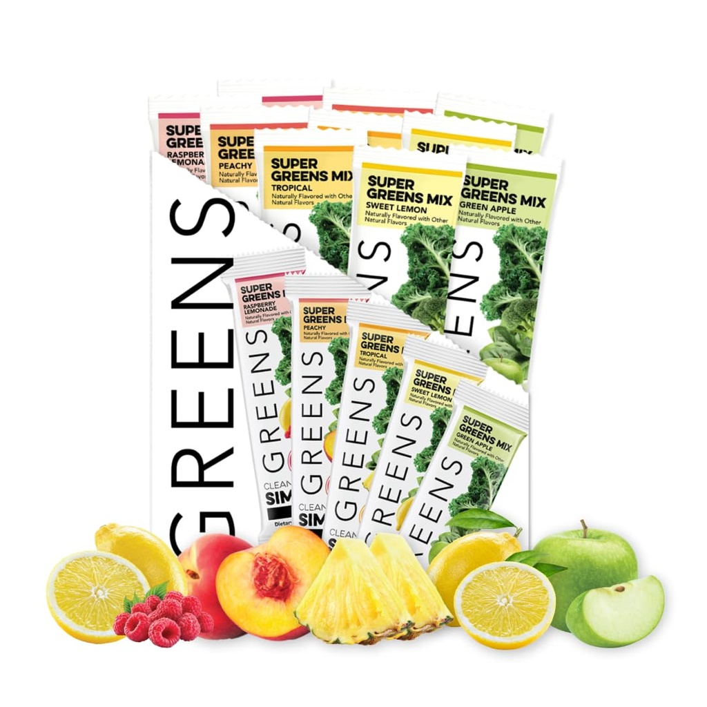 Clean Simple Eats Greens Variedad 10 Pack, Greens Powder Mix, Empaquetado con Superfoods Chlorella & Spirulina, Incluye 5 sabores deliciosos: Peachy, Green Apple, Raspberry Lemonade, Sweet Lemon &amp; Tropical