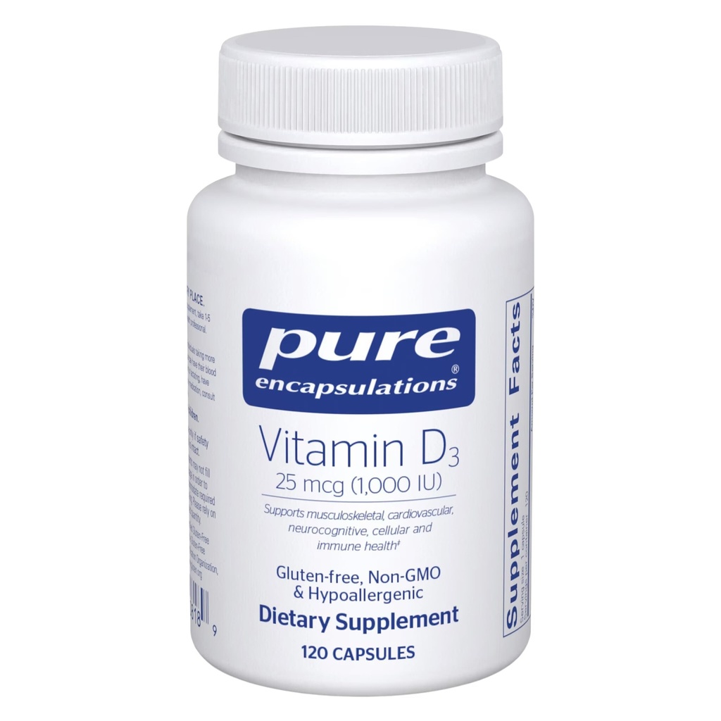 Encapsulaciones puras Vitamina D3 25 mcg (1,000 UI) - Suplemento de Bono de Apoyo, Conjunto, Breast, Corazón, Colon &amp; Immune Health - con Vitamina Premium D - 120 cápsulas