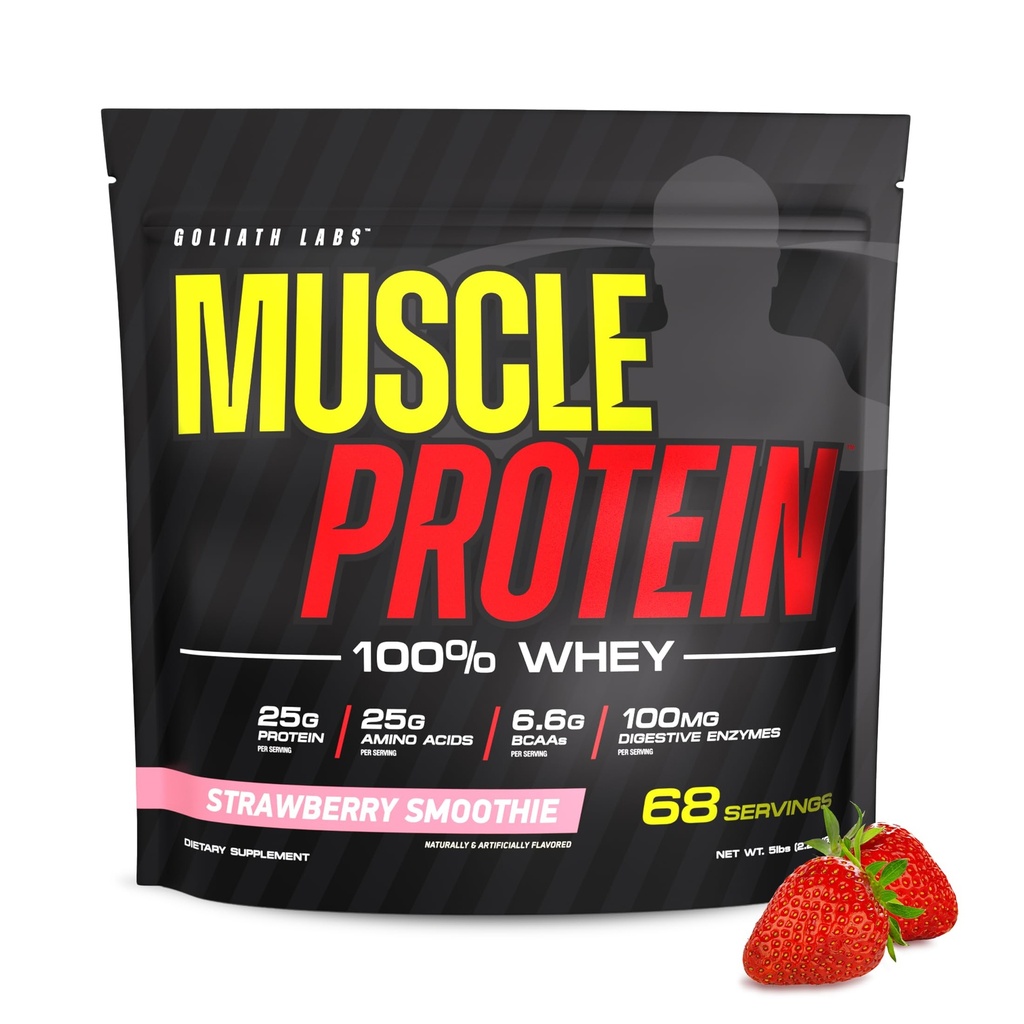 COLOSSAL LABS Muscle Protein Whey Powder [5 lbs/Pack of 1] – Filtro frío, 25g Proteína pura, 6.6g BCAAs (Packaging May Vary) (5LB, Strawberry)