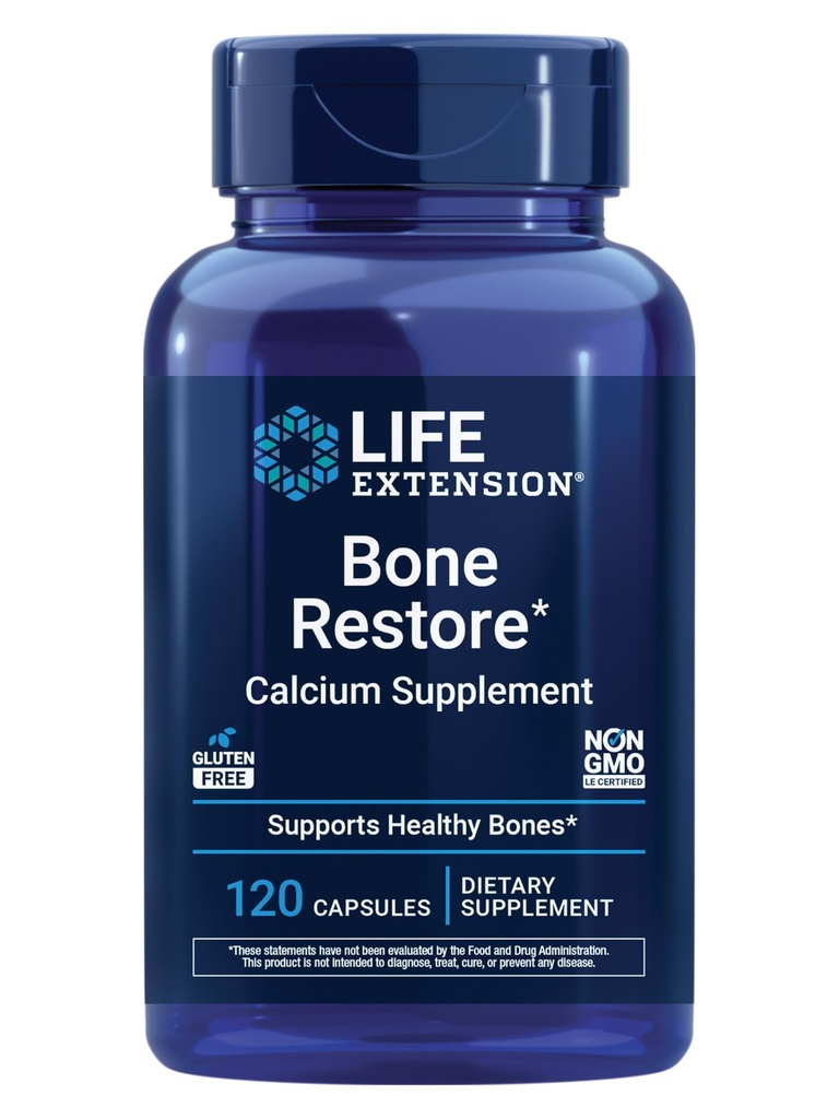 Restauración de bonificación de la vida Suplemento de calcio, vitamina D3, magnesio, hierro, zinc, manganés, silicona, ayuda a mantener la densidad sana del hueso, libre de gluten, no GMO, 120 cápsulas