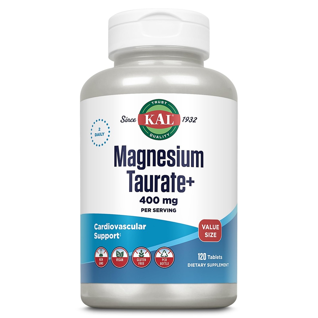 KAL Magnesium Taurate 400mg Plus Vitamina B6, Suplemento de Magnesio Chelated, Complejo de Magnesio de alta absorción, Muscle y Heart Health Support, Vegan, Gluten Free, 60-Day Guarantee, 60 Serv, 120 Tabs