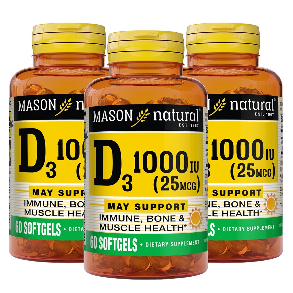 MASON NATURAL Vitamina D3 25 mcg (1000 UI), Bone &amp; Immune Support, de Fish Liver Oil, 60 Softgels (Pack of 3)