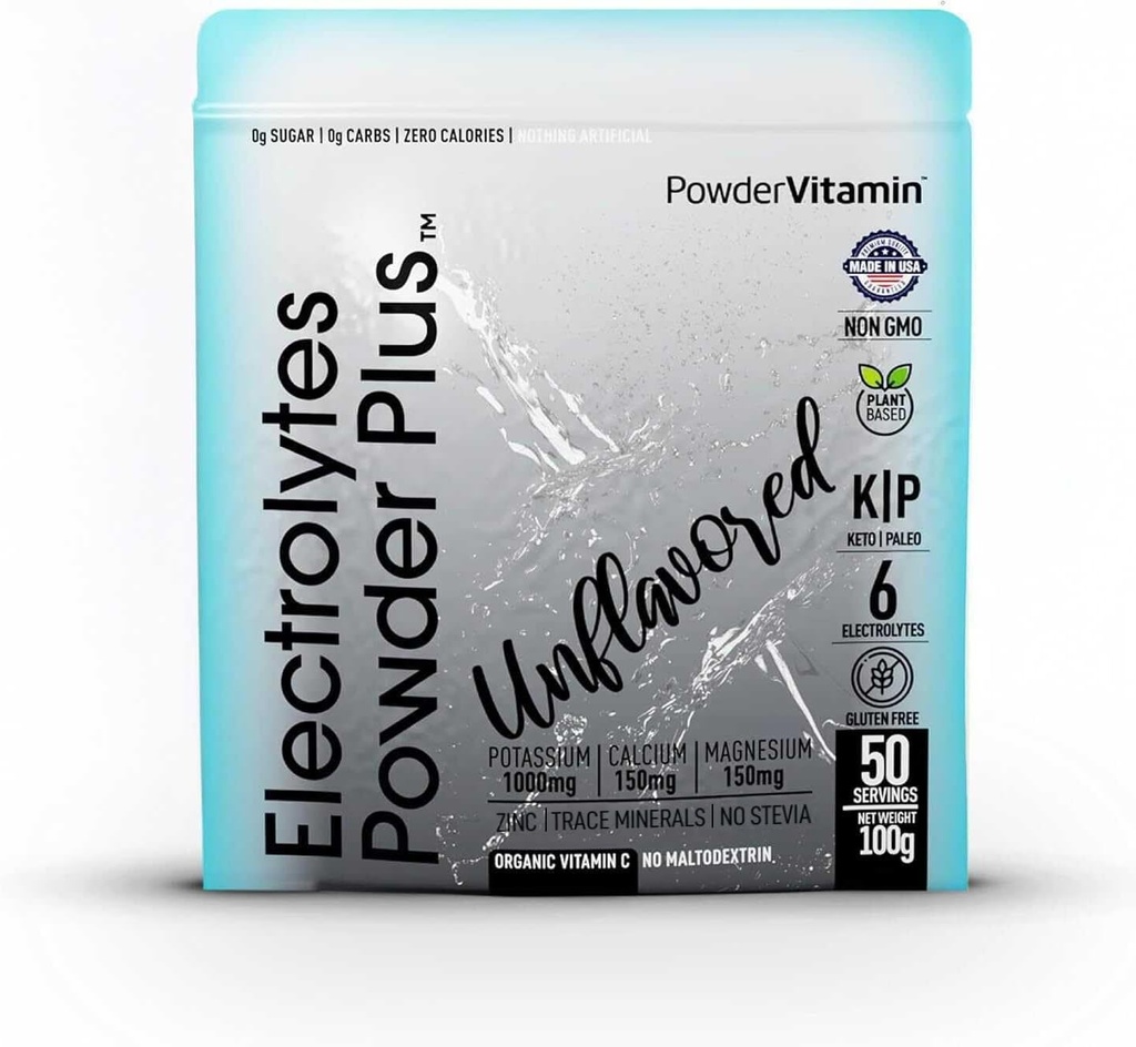 Electrolytes Powder Plus (50 Servings) Unflavored Electrolyte Powder Keto, Sugar Gratis, Pink Himalayan Salt.,1000mg Potasio,150 mg de calcio, 150 mg de magnesio, NO Stevia