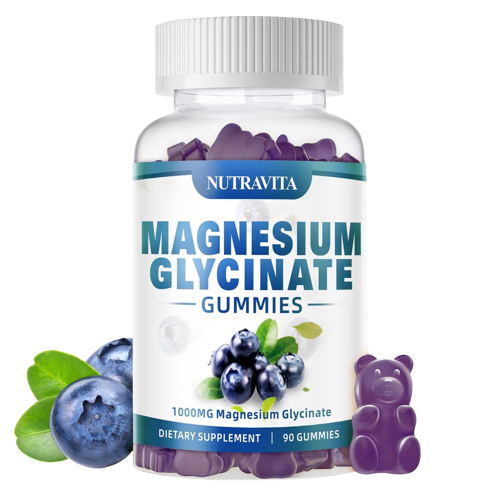Magnesium Glycinate Gummies 1000mg con Magnesium L-Threonate, Magnesio Chelated Potassium Complex Suplemento con VitD, B6, CoQ10, Calcio,Apoyos para la memoria, calma, humedad - 90 Gummies Blueberry