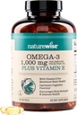 NatureWise Extra-Strength Omega 3 Fish Oil Suplemento - 1000mg por Serving - 600 EPA & 400 DHA y Vitamina E - Apoyo para la salud del corazón y del cerebro - Lemon Flavor, GMO-Free - 180 Softgels[3-Month Supply]