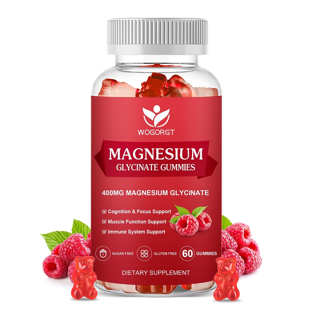 400mg Magnesium Glycinate Gummies con 200mg Magnesium Malate, Vitamina D, B6, y CoQ10, Magnesium Glycinate Suplemento para la Relajación y Cognición, Sugar Gratis, Raspberry Flavor - 60 Gummies