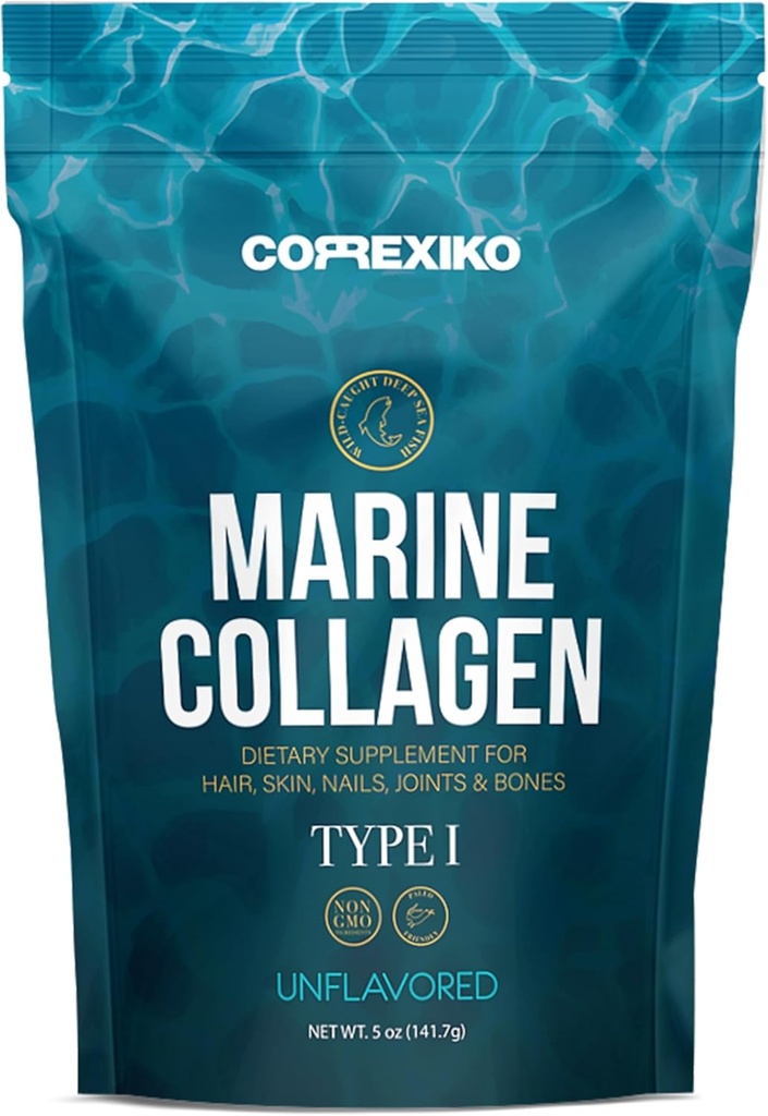 CORREXIKO Collagen marino suplemento de polvo desflavorado - 10.000 mg doble de péptidos de colágeno hidrolizado por servicio - Formulado para la absorción máxima - cabello, piel & uñas - 5oz, 14 piezas