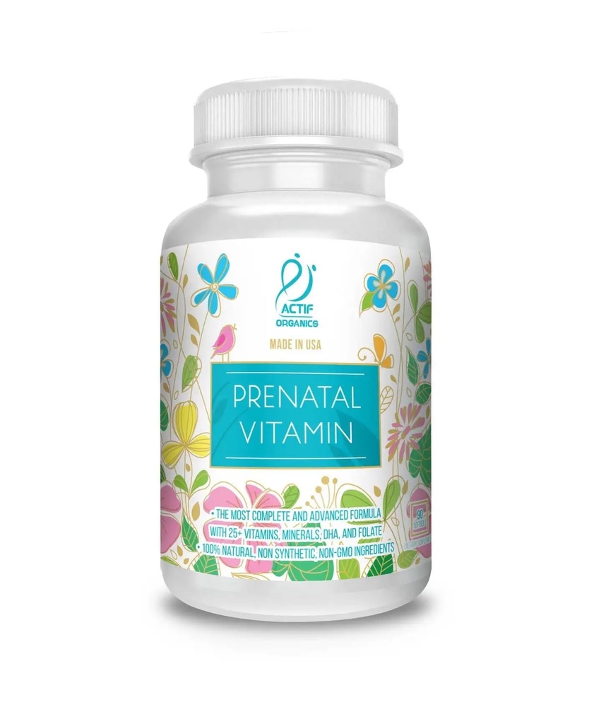 ACTIF Vitamina Prenatal Orgánica con 30+ Vitaminas Orgánicas, 100% Natural, DHA, EPA, Omega 3 y Orgánica Herbal Blend - Non-GMO, 90 Cuenta, 2024 Fórmula
