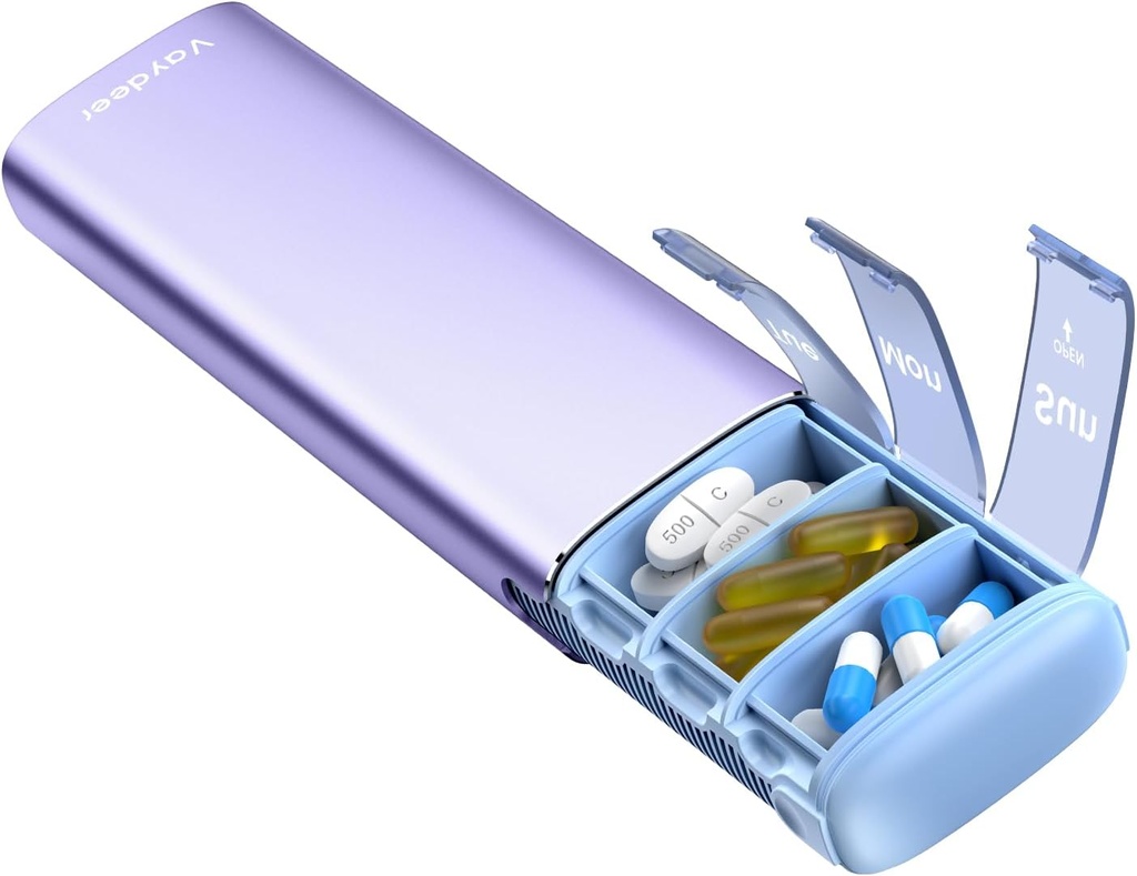 Vaydeer Metal Travel Pill Organizer, 7 Day Weekly Pill Box, Large Capacity Caja de píldoras diarias para suplementos, píldoras, vitaminas y medicamentos (pequeña, púrpura)