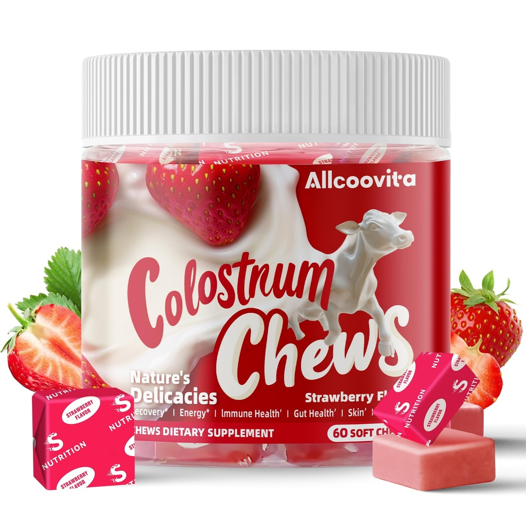 Bovine Colostrum Chews Suplemento con probióticos para Gut Health, Bloating, Immune Support, Skin, Hair Growth and Beauty - Strawberry Flavor (60 Servings)