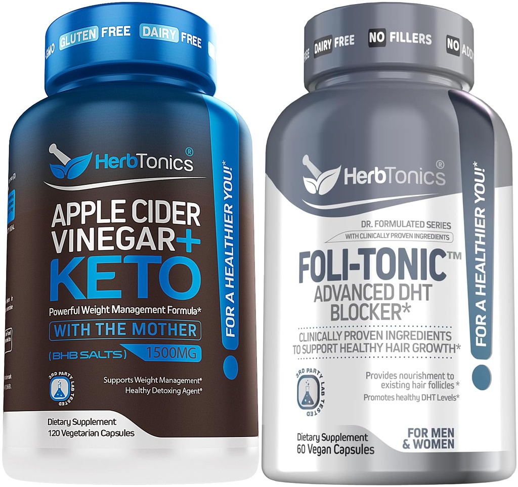 Herbtonics Apple Cider Vinegar Capsules Plus Keto BHB tóxico Fat Burner &amp; Weight Loss Suplemento para Hombres - Foli-Tonic DHT Blocker &amp; Hair Loss Suplemento