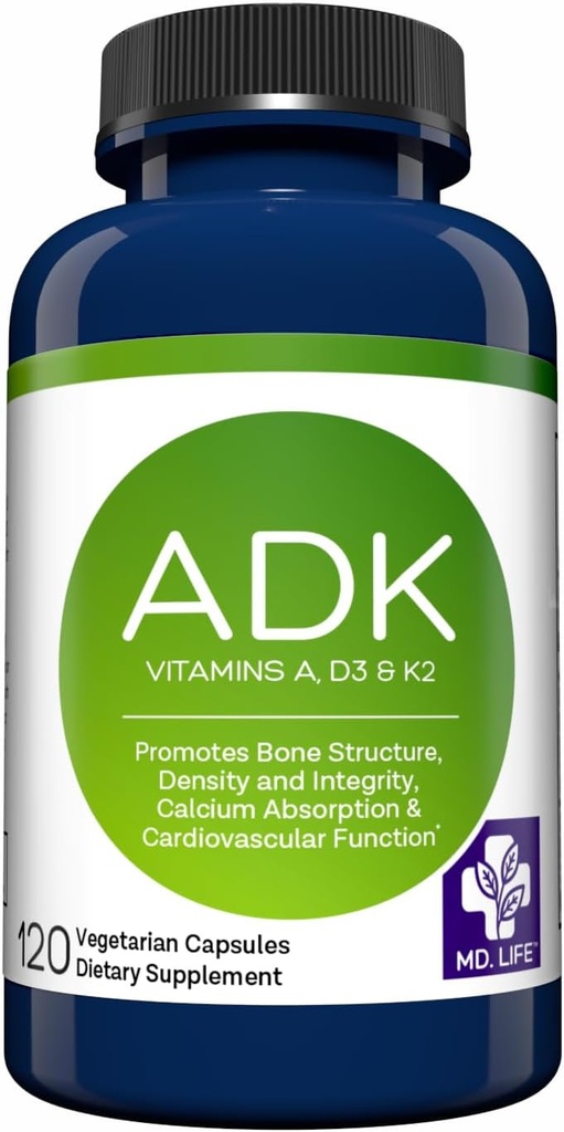 MD. Suplemento de vitamina VIDA ADK – Vitamina D3 K2 y Complejo – 120 cápsulas – Vitamina de alta potencia ADK para el soporte de salud ósea y cardíaca