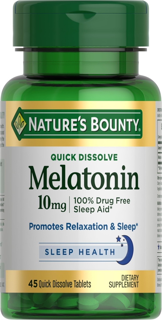 Bounty Melatonin, 100% Drug Free Sleep Aid, Dietary Supplement, Promotes Relaxation and Sleep Health, 10mg, 45 Quick Dissolve Tablets