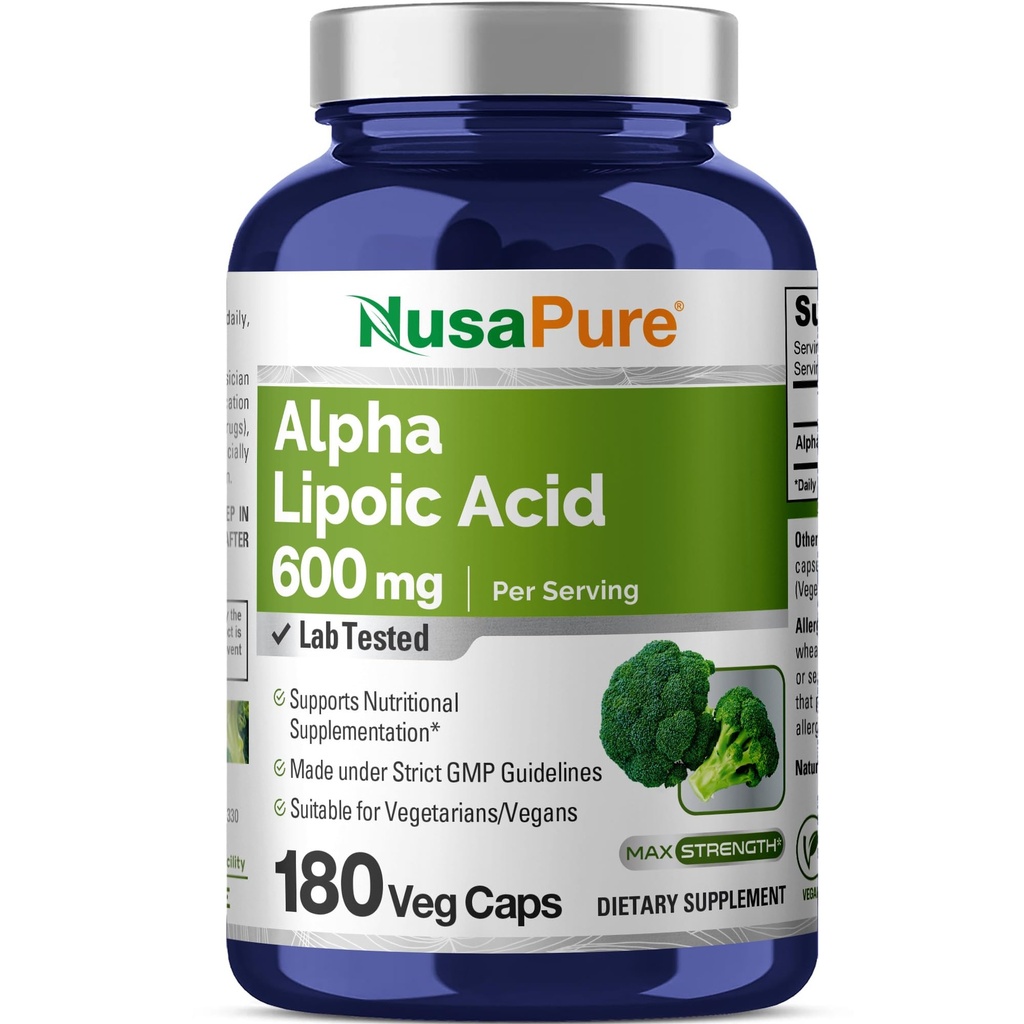 NusaPure Alpha Lipoic Acid 600 mg por Serving 180 Veggie Capsules (Vegetariano, No GMO, Vegan)
