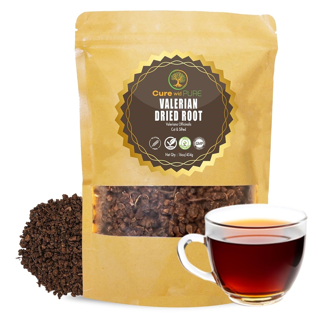Cure wid Pure Organic Valerian Root Tea - Cut,Sifted " Non-Irradiated Valerian Tea Promotes Natural Relaxing Sleep - Te De Valeriana officinalis in Resealable Eco Friendly Pouch 16oz