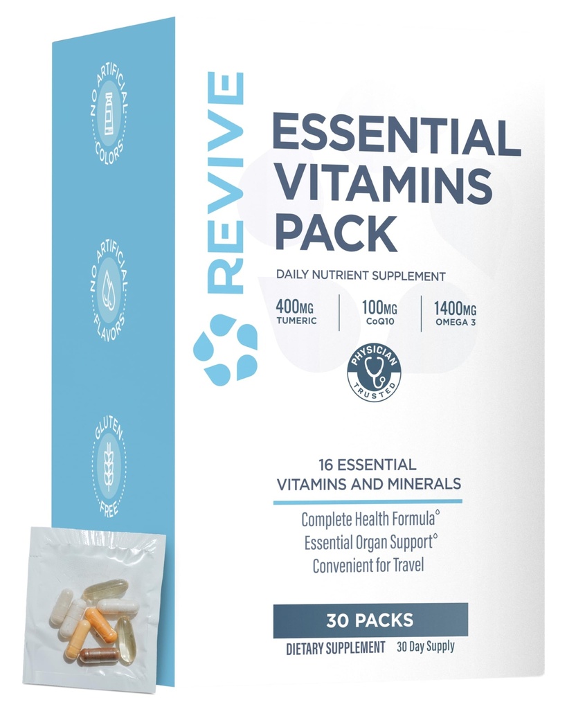 Revive MD Paquetes de vitaminas esenciales para hombres de mujeres, vitaminas Pack Suplemento diario de nutrientes - Paquetes multivitamínicos de viaje amigable con Arjuna " Extracto de turmérico de apoyo Corazón, Conjunto, " Salud orgánica