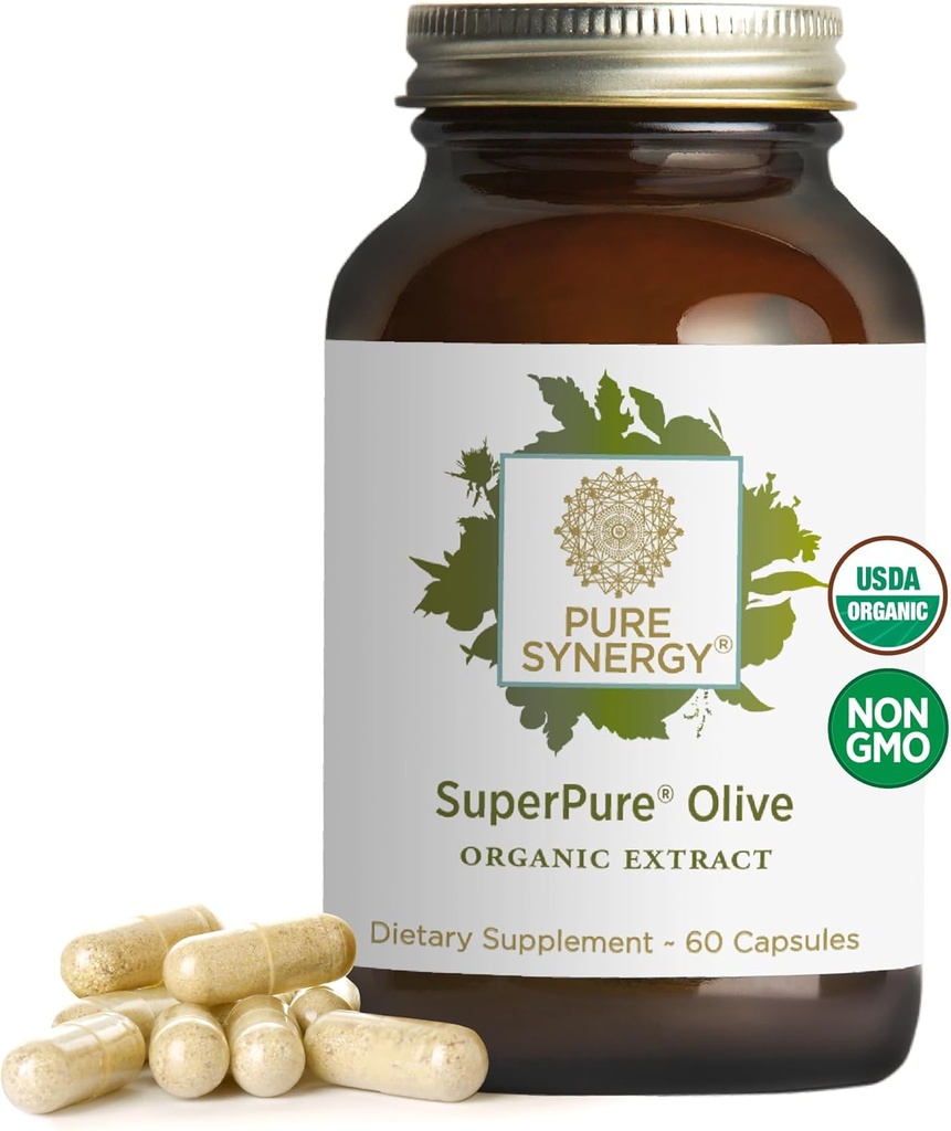 PURE SYNERGY Extracto de Oliva SuperPure Silencioso Orgánica Hoja de Oliva, Aceite y Fruta Suplemento con Polyphenols Silencio para el Corazón, Cerebro y Salud Inmunitaria (60 cápsulas)