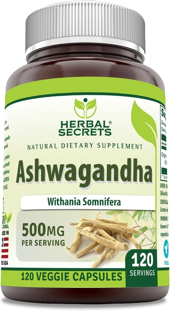 Herbal Secrets Ashwagandha Extracto Suplemento Silencio 500 Mg Por Serving Silencio Veggie Capsules Silencio No-GMO Silencio Gluten Gratis Silencio Made in USA (1 Pack, 120 Cuenta)