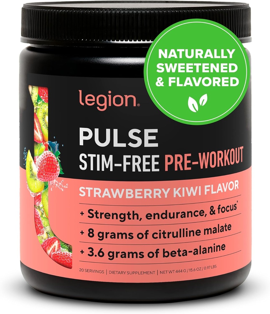 LEGION Pulse Pre Workout Suplemento - Todas Natural Nitric Oxide Preworkout Drink Creatine Free Naturally Sweetened Beta Alanine Citrulline Alpha GPC - Caffeine Free Strawberry Kiwi Pre Workout Powder