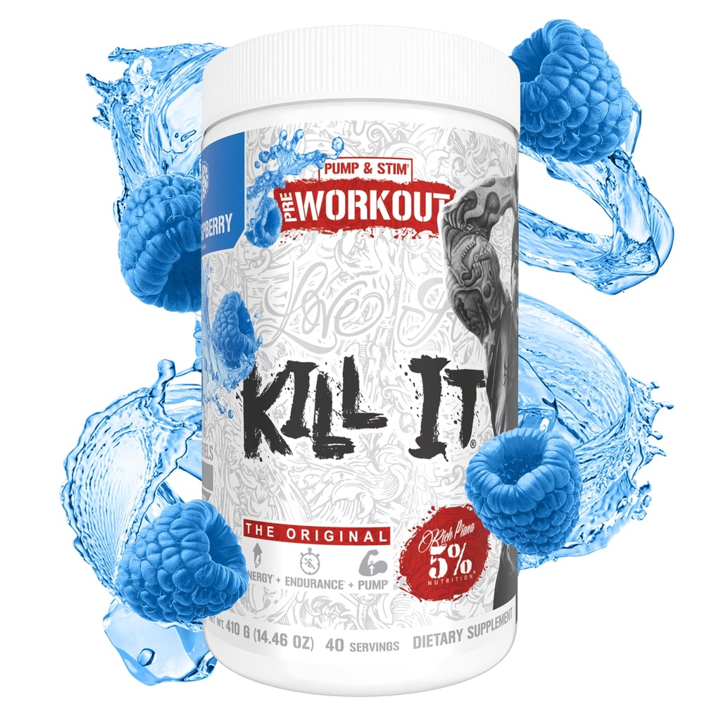 5% Nutrición Rich Piana Kill It Pre Workout Powder w/Creatine, Caffeine, Beta Alanine, Hydroprime Glycerol for Pump, Strength, Endurance  durable 20/40 Srvgs (40 Servings, Blue Raspberry)
