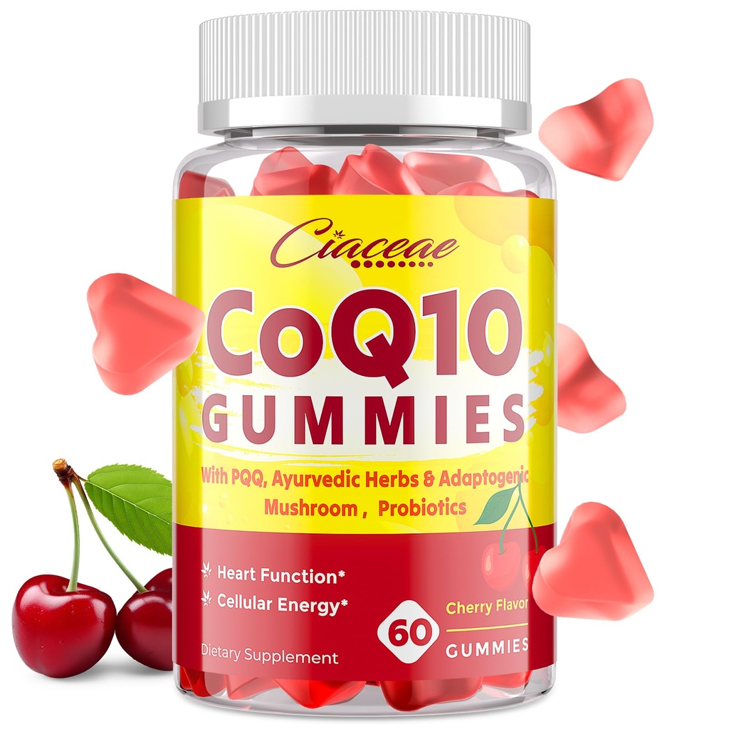 CoQ10 Gummies con PQQ - 400 MG Coenzyme Q10 High Potency, Mejorado con hierbas ayurvédicas, Adaptogenic Mushroom Blend &amp; Probiotics for Heart, Brain, Energy, Immunity, Cherry Flavor, 60 Gummies Vegan