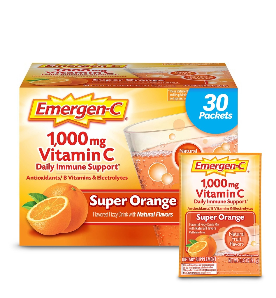 Emergen-C 1000mg Vitamina C Powder para soporte diario Caffeine Free Vitamina C Suplementos con zinc y manganés, vitaminas B y electrolitos, Super Orange Flavor - 30 Cuenta
